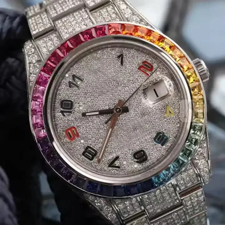 Quartz Iced Out Gold Watch for Men Cuban Link Style Rainbow Stones Luxury Hip Hop Timepiece in Stainless Steel limited edition