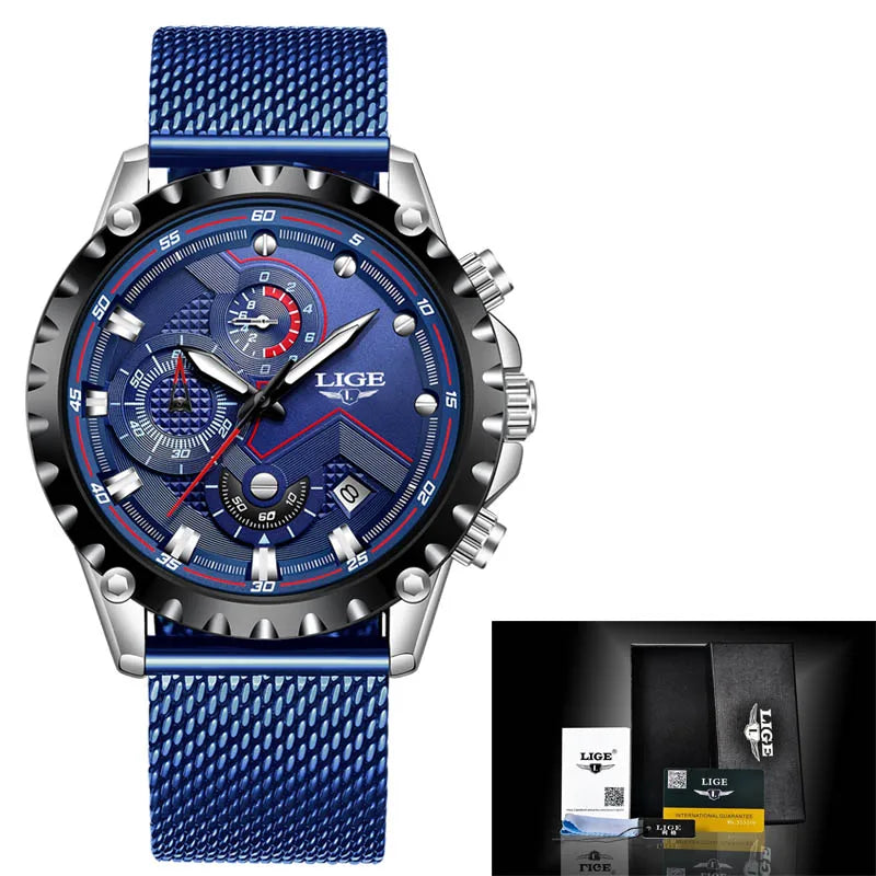 2025 New LIGE Blue Casual Mesh Belt Fashion Quartz Wristwatches Mens Watches Top Brand Luxury Waterproof Clock Relogio Masculino
