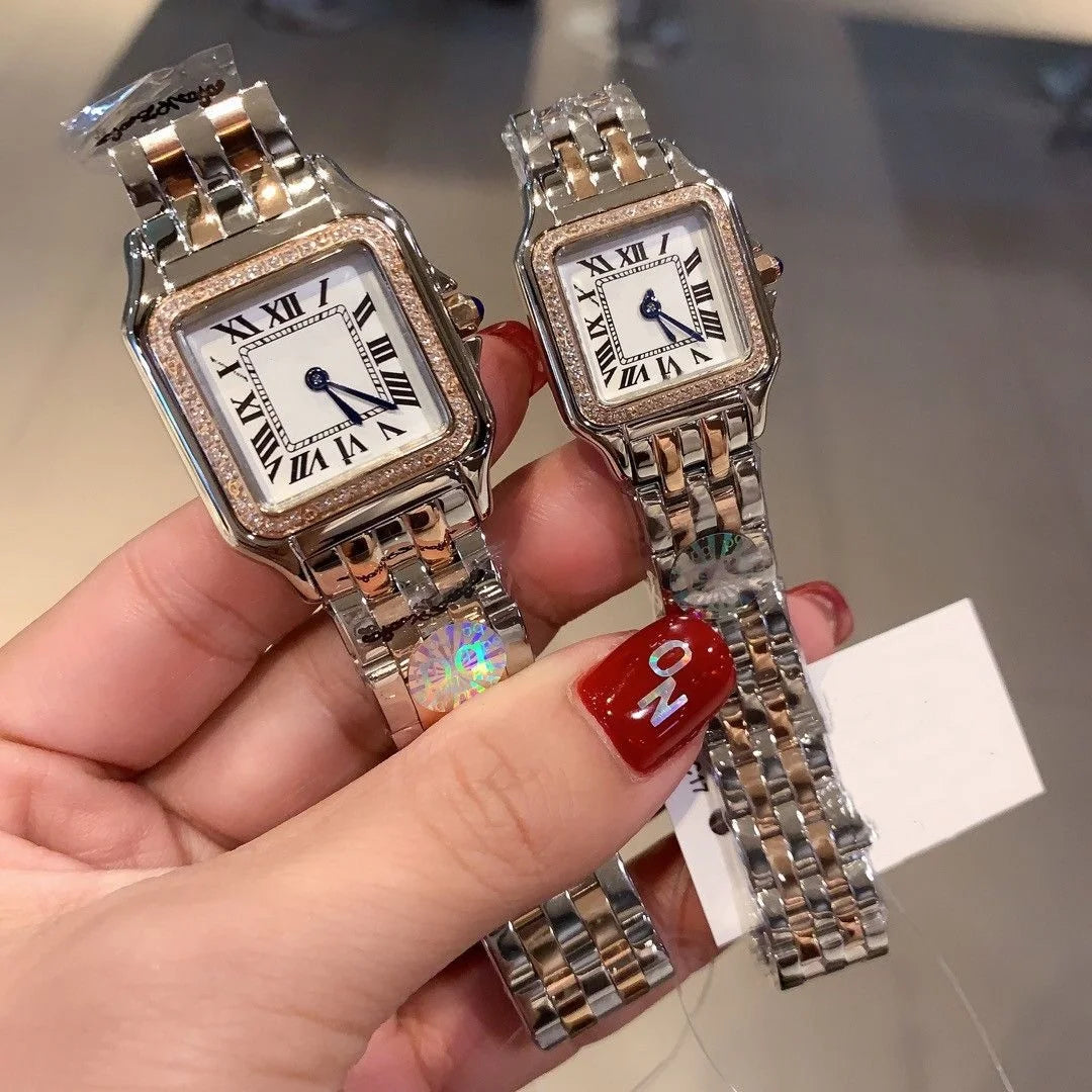 Women Men Famous Brand Design square Watch Pathere Clock Two Tone Gold Color Quartz Stainless Steel Leopard Wrist Watches