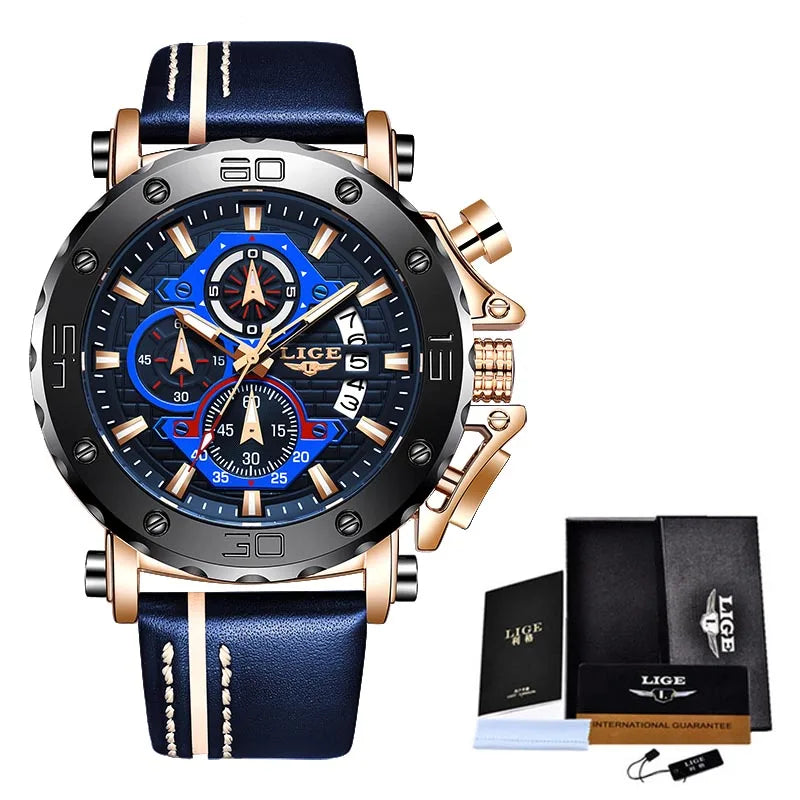 2025 LIGE New Mens Watches Top Brand Luxury Big Dial Military Quartz Watch Leather Waterproof Sport Wristwatch Relogio Masculino