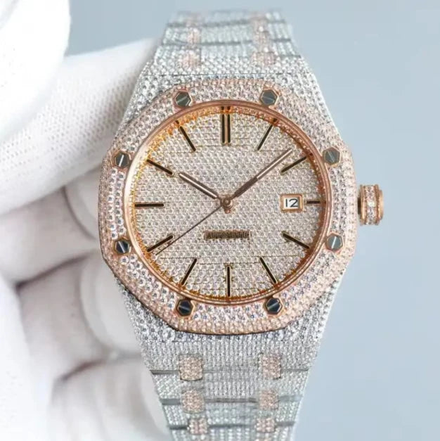 D Color Moissanite Sport Mechanical Watch VVS Hip Hop Stainless Steel Iced Out Diameter Watch Full Pave Setting Pointer Display