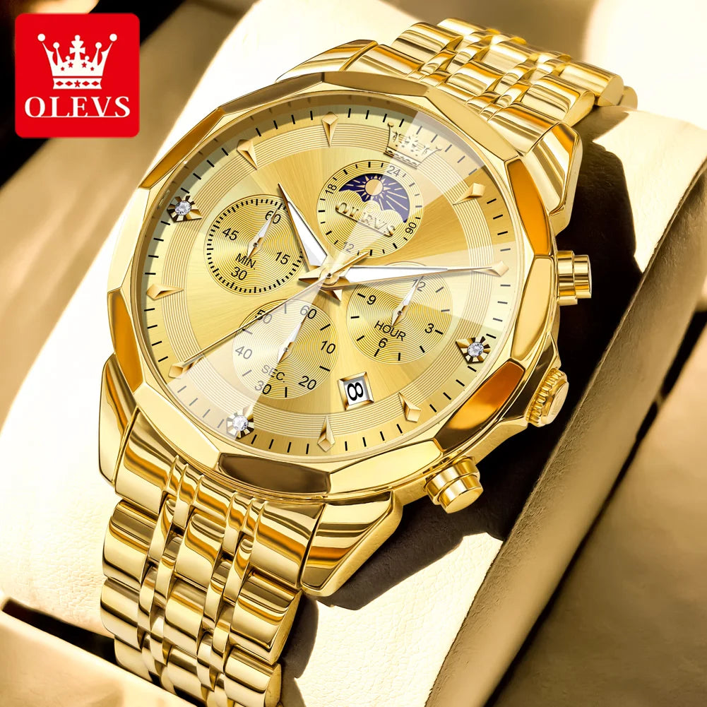 OLEVS Hot Sale Men's Watches Original Brand Quartz Watch Rhombus Mirror Waterproof Luminous Chronograph Moon Phase Watches 3673