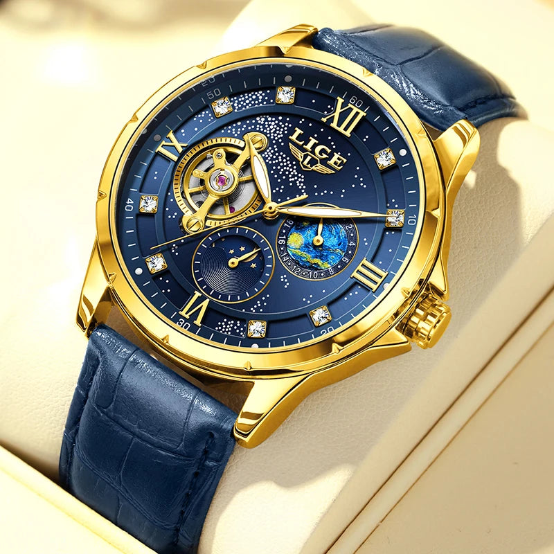 LIGE Top Luxury Mechanical Watches Men Fashion Diamonds Automatic Mens Watch 30M Waterproof Luminous Wristwatch Male Reloj 2026