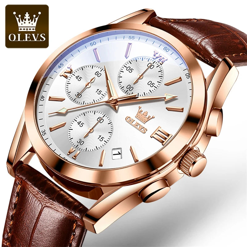 OLEVS Mens Watches Top Brand Luxury Chronograph Quartz Watch Men Sport Leather Waterproof Luminous Date Business Wristwatch Male