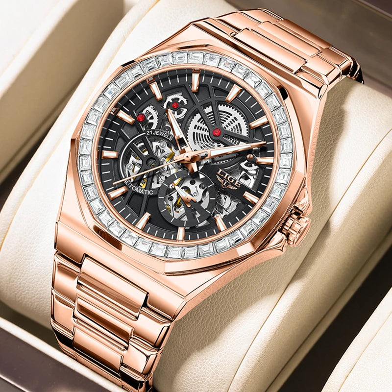 LIGE New Luxury Rose Gold Waterproof Watches For Men Casual Business Watch Men Luminous Automatic Men's Mechanical Wristwatch