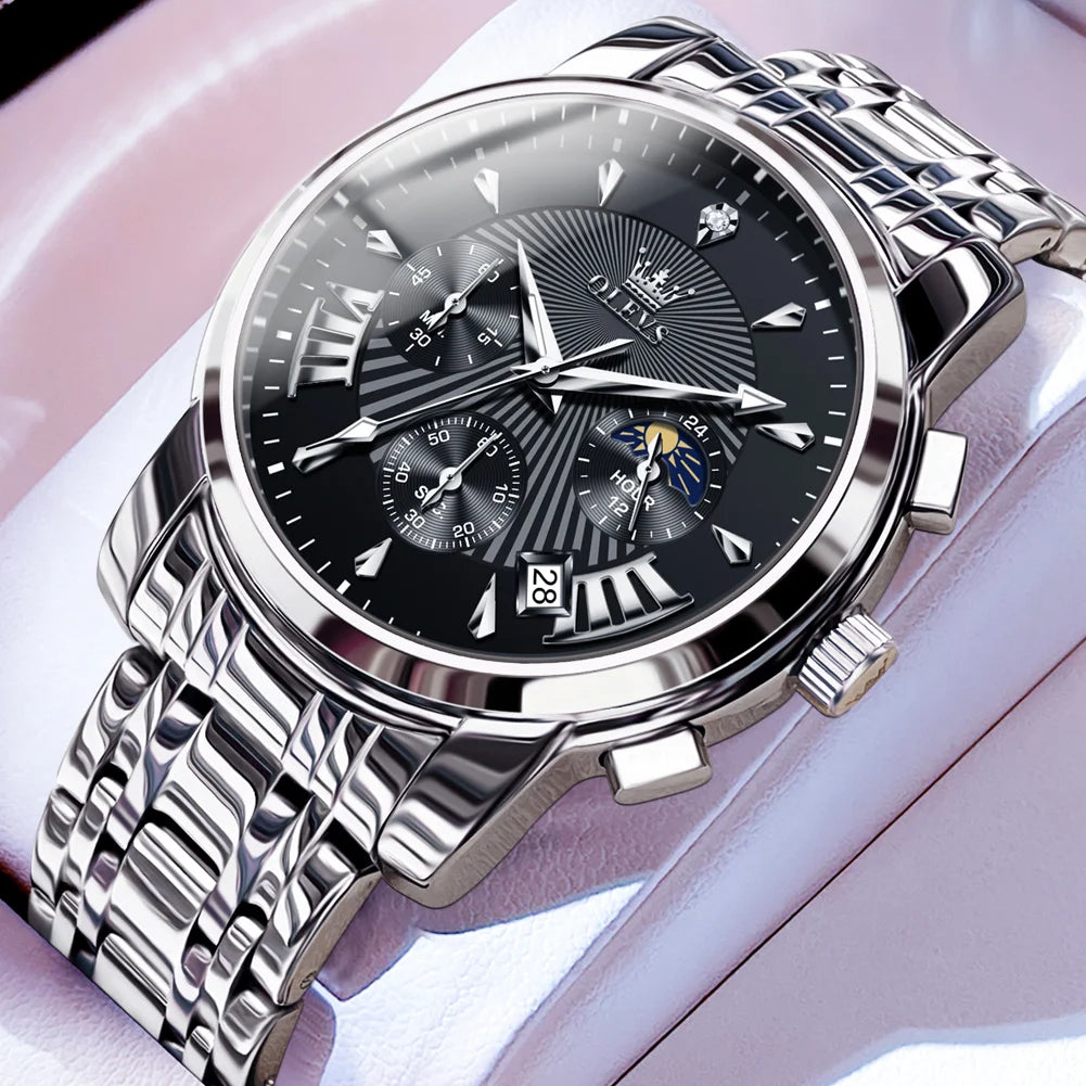 OLEVS Men's Watches 2892 Luxury Business Original Top Brand Quartz Watch for Man Waterproof Moon Phase Date Chronograph Luminous