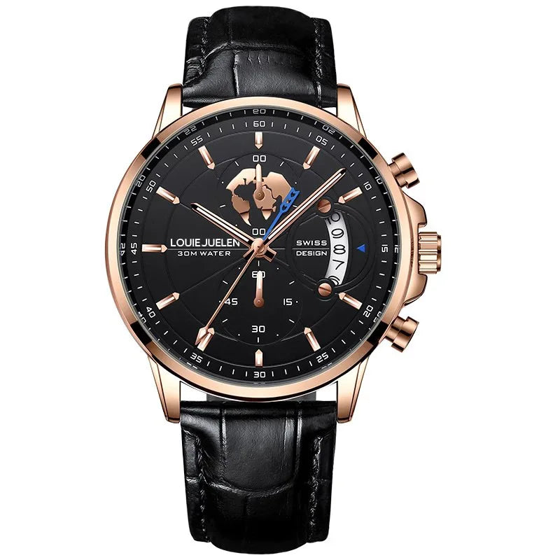 LOUIE JUELEN New Hot-Selling Men's Business Watch - Genuine Leather Strap Chronograph 3Eye Luminous Waterproof Quartz Wristwatch