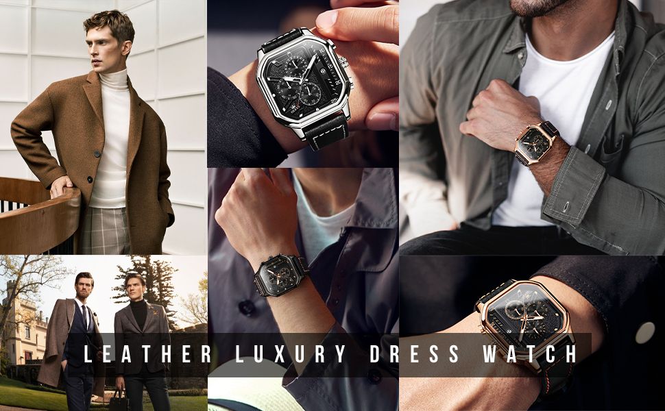 OLEVS 9950 Watches for Men Quartz Chronograph Leather Fashion Dress Watch Date Waterproof Luminous Casual Square Man Wristwatch