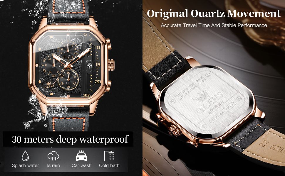 OLEVS 9950 Watches for Men Quartz Chronograph Leather Fashion Dress Watch Date Waterproof Luminous Casual Square Man Wristwatch