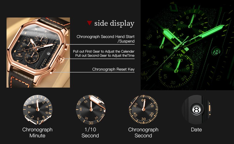 OLEVS 9950 Watches for Men Quartz Chronograph Leather Fashion Dress Watch Date Waterproof Luminous Casual Square Man Wristwatch
