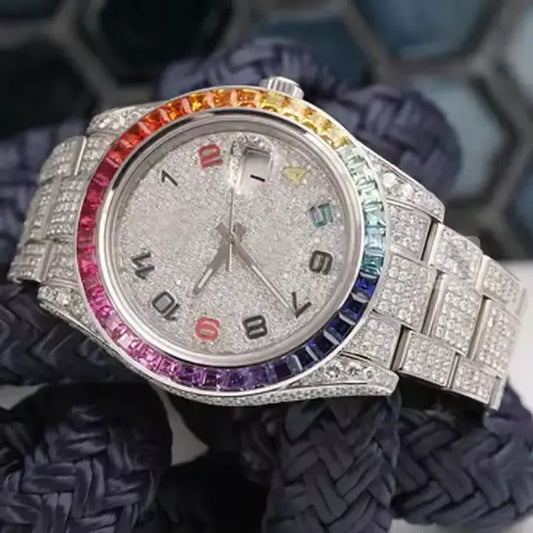 Quartz Iced Out Gold Watch for Men Cuban Link Style Rainbow Stones Luxury Hip Hop Timepiece in Stainless Steel limited edition