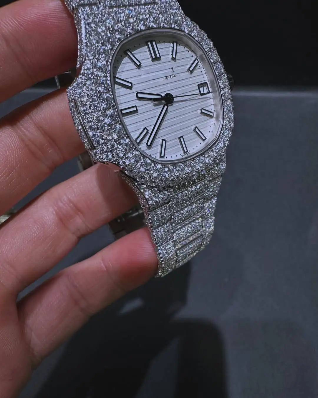 Fully White Moissanite Automatic Quartz Watch Men's Business Antique Fashion Style Stainless Steel Case Square Dial Sapphire