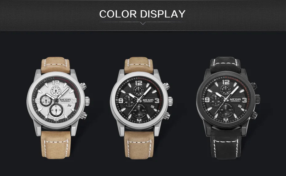 MEGIR Luxury Chronograph Men's Sport Watches Leather Strap Quartz Wristwatch Luminous Casual Male Clock Relogio Masculino 2026