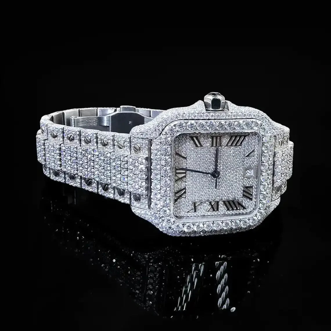 unique roman dial with full iced out square dial luxury  moissanite watch  high-quality stainless steel watch date display watch