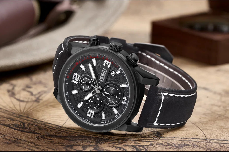 MEGIR Luxury Chronograph Men's Sport Watches Leather Strap Quartz Wristwatch Luminous Casual Male Clock Relogio Masculino 2026