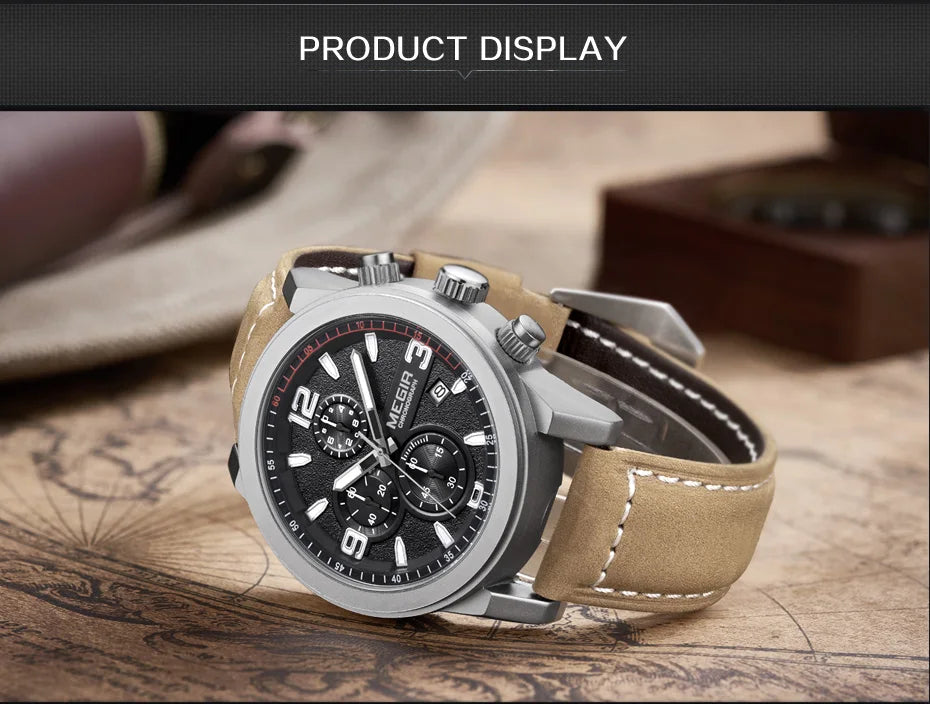 MEGIR Luxury Chronograph Men's Sport Watches Leather Strap Quartz Wristwatch Luminous Casual Male Clock Relogio Masculino 2026