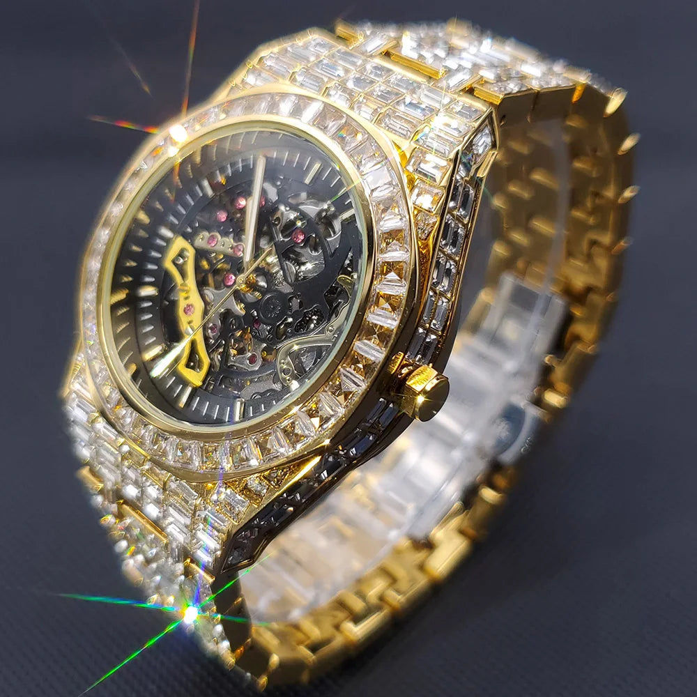 Luxury Automatic Watch For Men Hip Hop Diamond Skeleton Mechanical relogio masculino Ice Out waterproof Man Watches Dropshipping