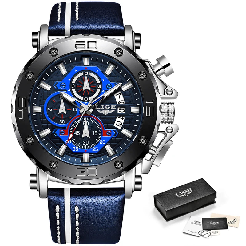 2025 LIGE New Mens Watches Top Brand Luxury Big Dial Military Quartz Watch Leather Waterproof Sport Wristwatch Relogio Masculino