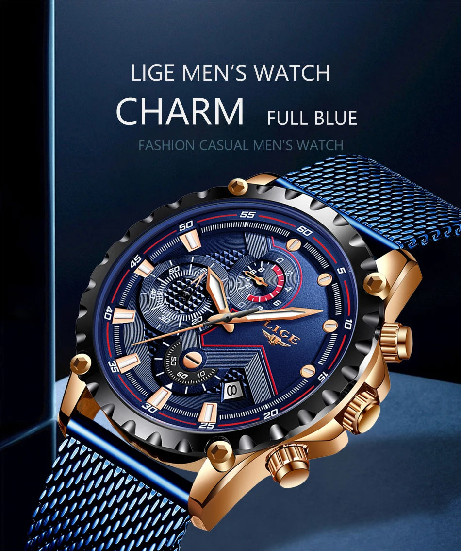 2025 New LIGE Blue Casual Mesh Belt Fashion Quartz Wristwatches Mens Watches Top Brand Luxury Waterproof Clock Relogio Masculino