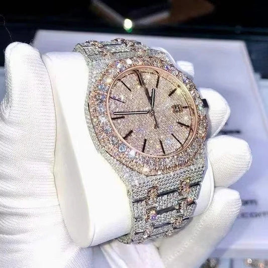 D Color Moissanite Sport Mechanical Watch VVS Hip Hop Stainless Steel Iced Out Diameter Watch Full Pave Setting Pointer Display