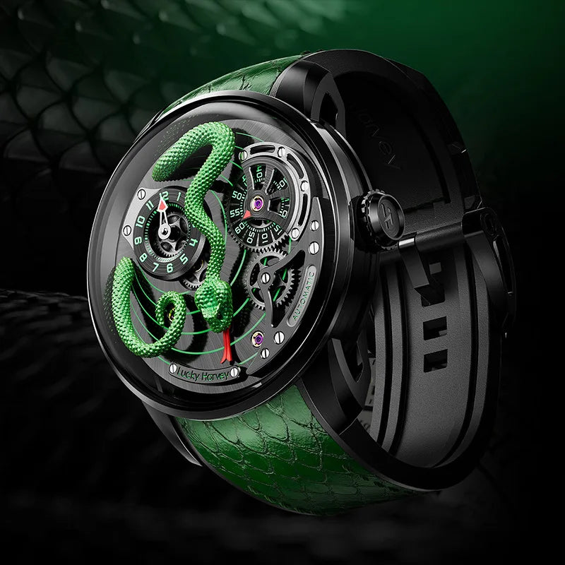 High End Automatic Golden Mechanical Snake Hand Watch for Men Custom Made Chinese With Moving Dragon Wrist Watch Customization
