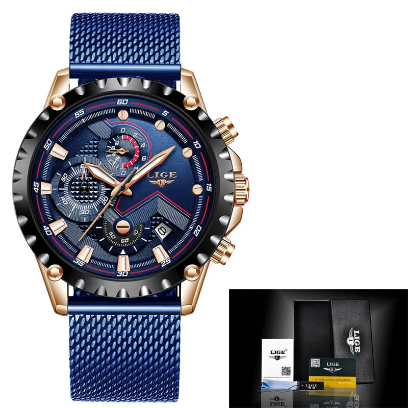 2025 New LIGE Blue Casual Mesh Belt Fashion Quartz Wristwatches Mens Watches Top Brand Luxury Waterproof Clock Relogio Masculino