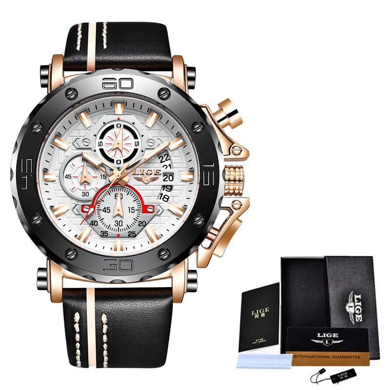 2025 LIGE New Mens Watches Top Brand Luxury Big Dial Military Quartz Watch Leather Waterproof Sport Wristwatch Relogio Masculino