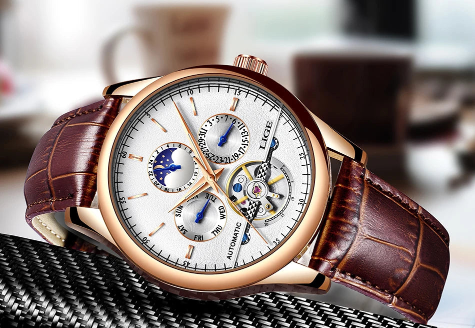 Relogio Masculino 50M Waterproof Mens Watches New LIGE Top Brand Luxury Automatic Mechanical Watch Man Leather Watch Week Clock