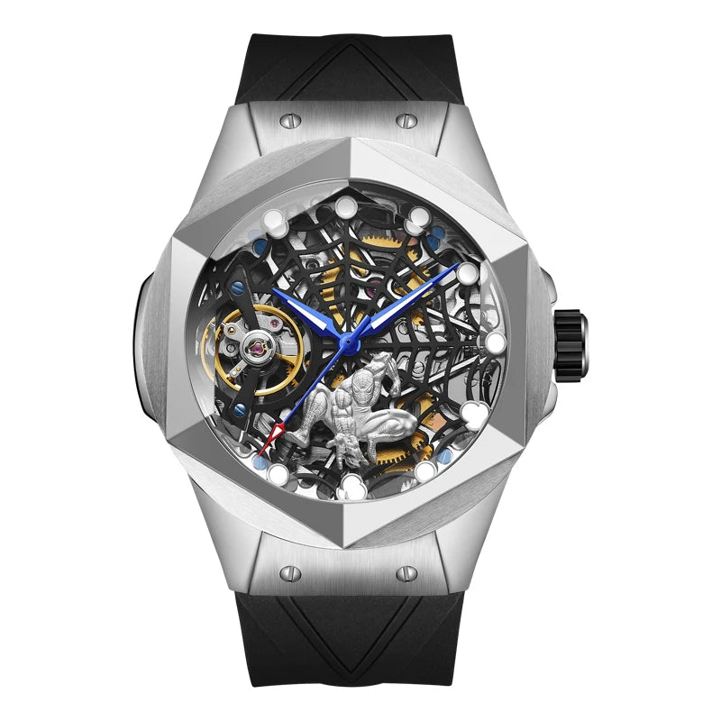 Wholesale Custom Men Trendy Fashion Automatic Watch Sapphire Hollow Flywheel Spider Web Dial Personalized Style Mechanical Watch