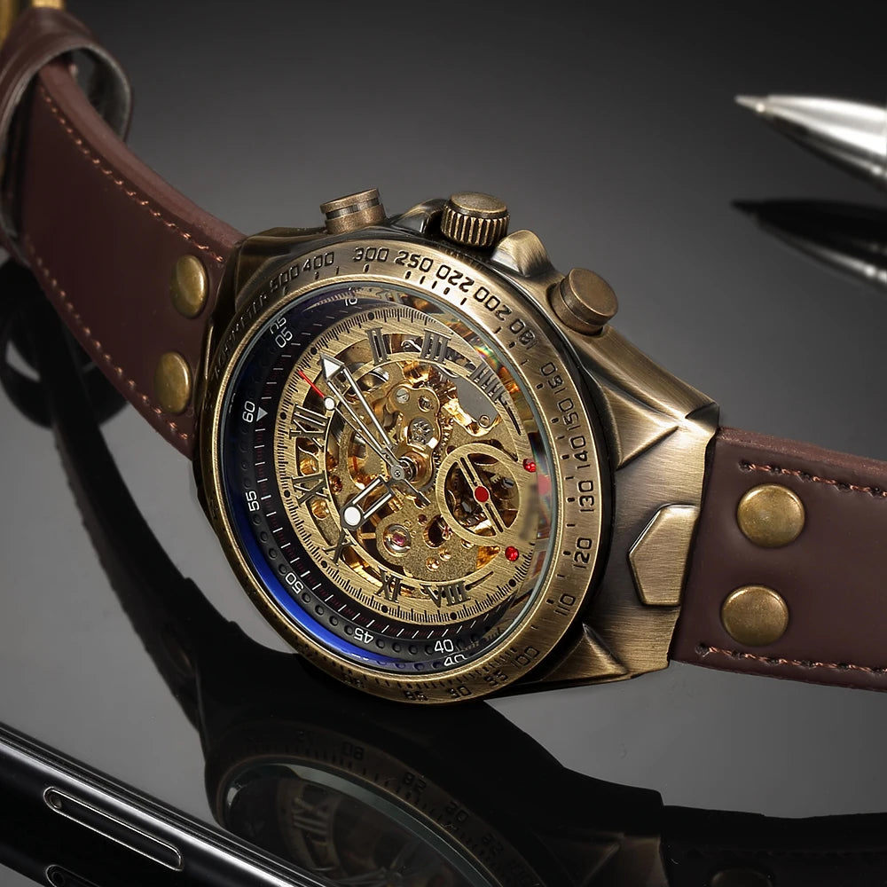 Retro Luxury Mens Mechanical Automatic Self-Wind Watch Skeleton Roman Numbers Analog Without Battery Leather Wristwatch Clock