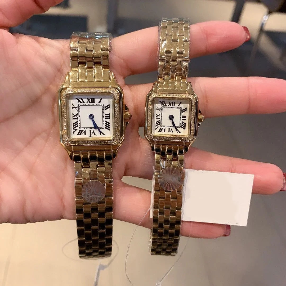 Women Men Famous Brand Design square Watch Pathere Clock Two Tone Gold Color Quartz Stainless Steel Leopard Wrist Watches