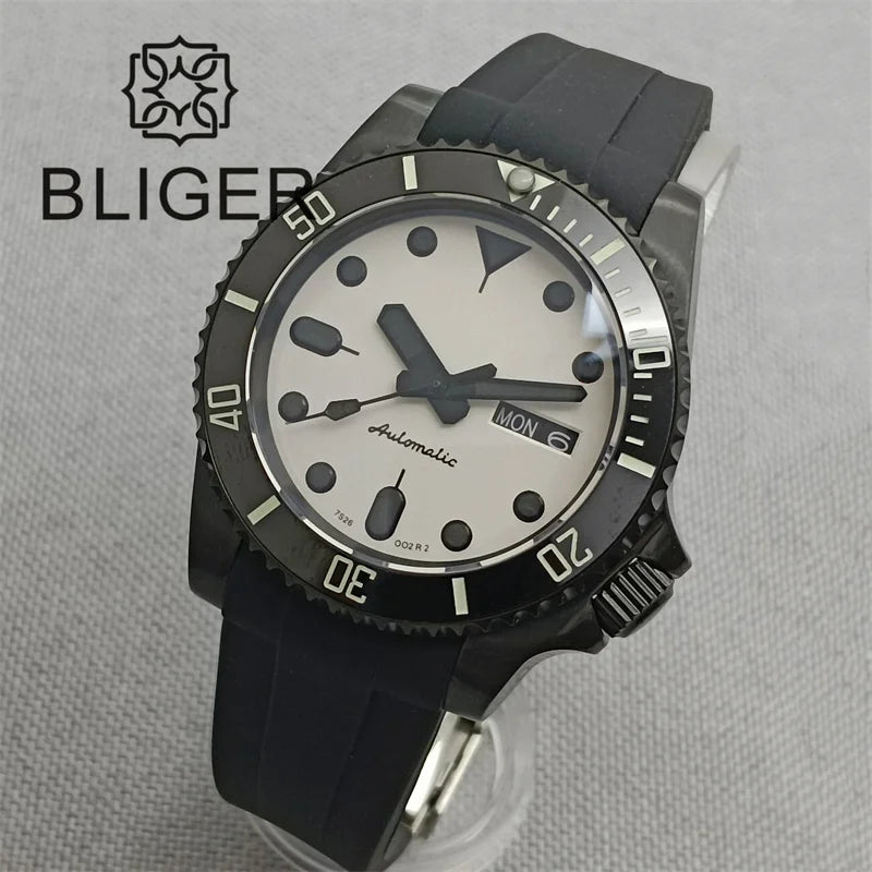 BLIGER 40mm Watch for Men NH36 Movement Week-day Display Function Full Black Dial Curved Luxury Business Waterproof Watch