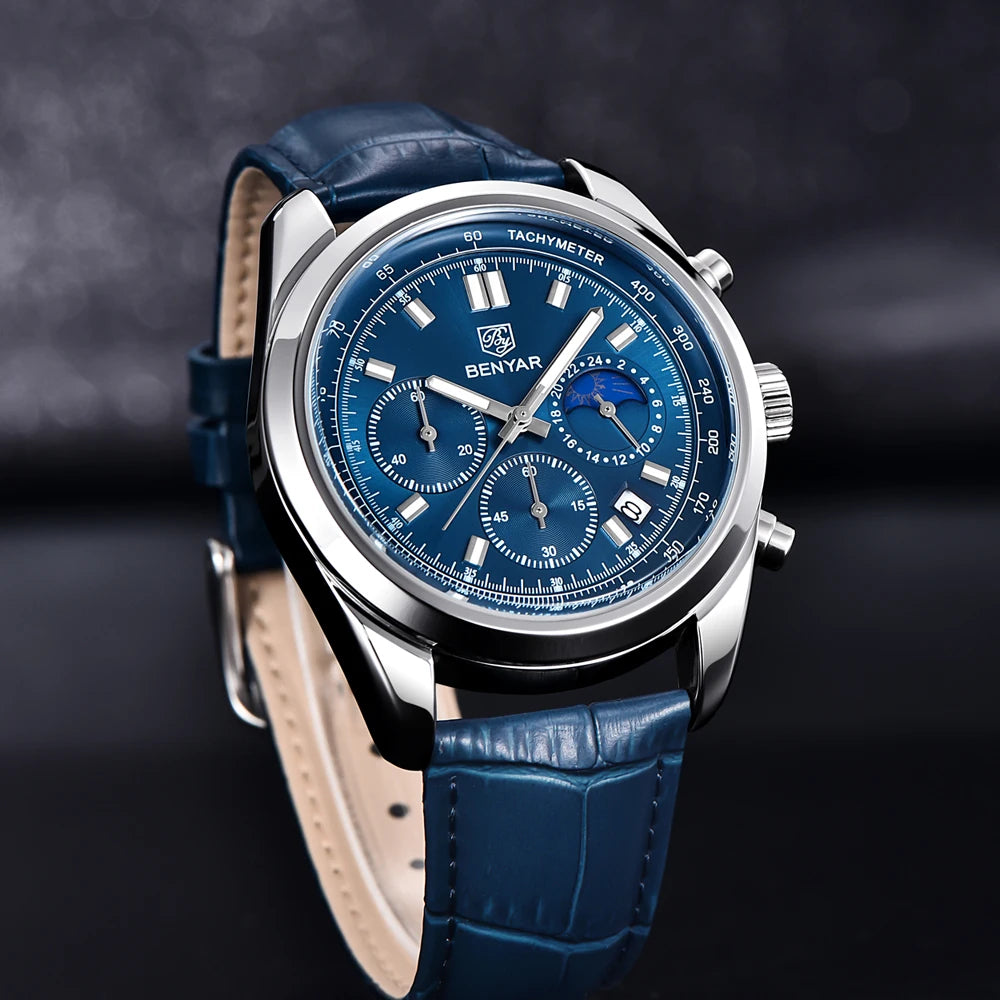Luxury Men Quartz Wristwatches Top Brand Genuine Leather Chronograph 30M Waterproof Sport Watch Men Reloj Hombre Dropshipping