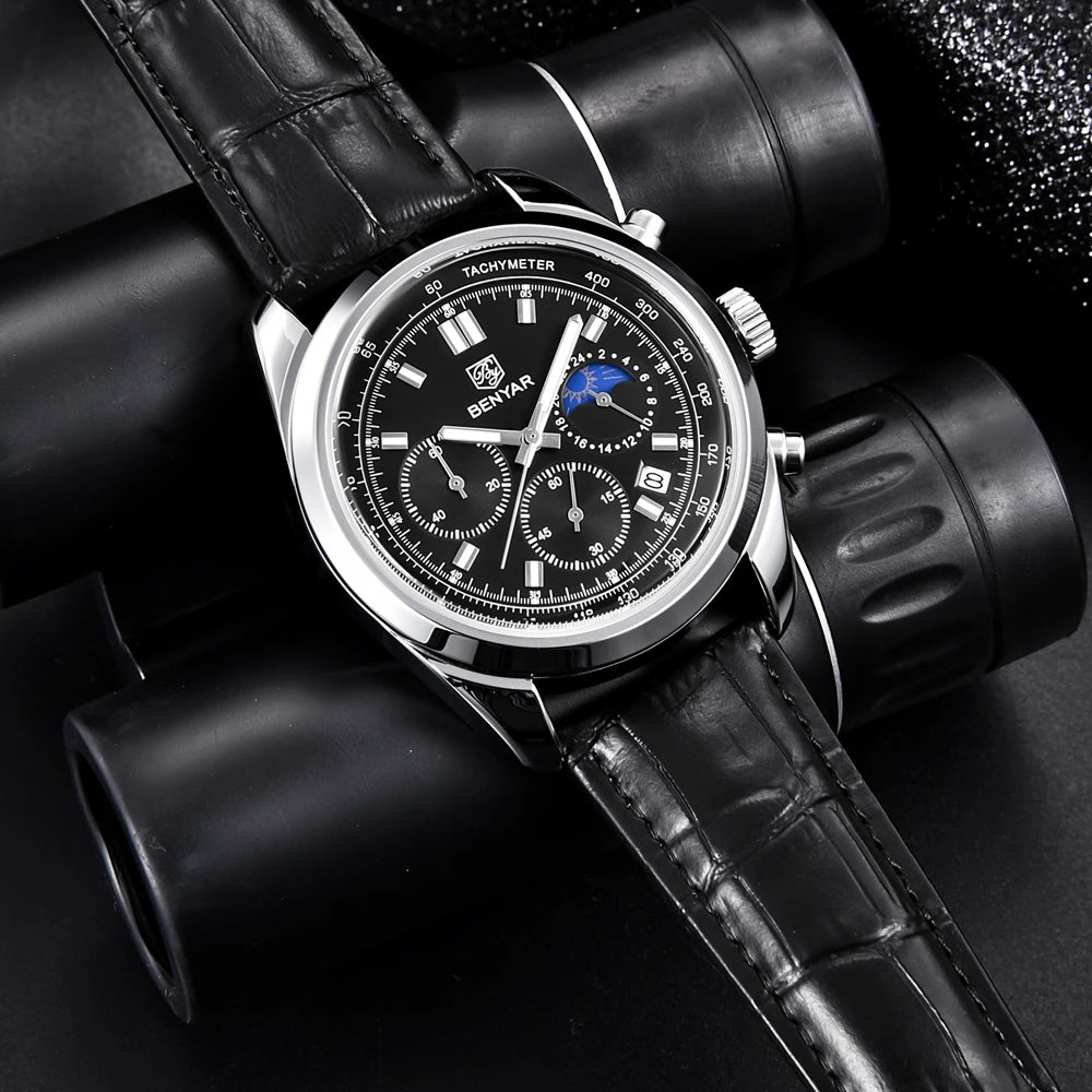 Luxury Men Quartz Wristwatches Top Brand Genuine Leather Chronograph 30M Waterproof Sport Watch Men Reloj Hombre Dropshipping