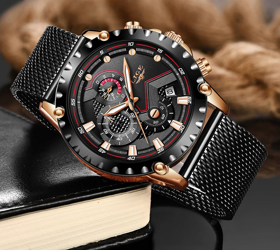 2025 New LIGE Blue Casual Mesh Belt Fashion Quartz Wristwatches Mens Watches Top Brand Luxury Waterproof Clock Relogio Masculino