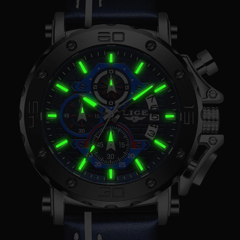 2025 LIGE New Mens Watches Top Brand Luxury Big Dial Military Quartz Watch Leather Waterproof Sport Wristwatch Relogio Masculino