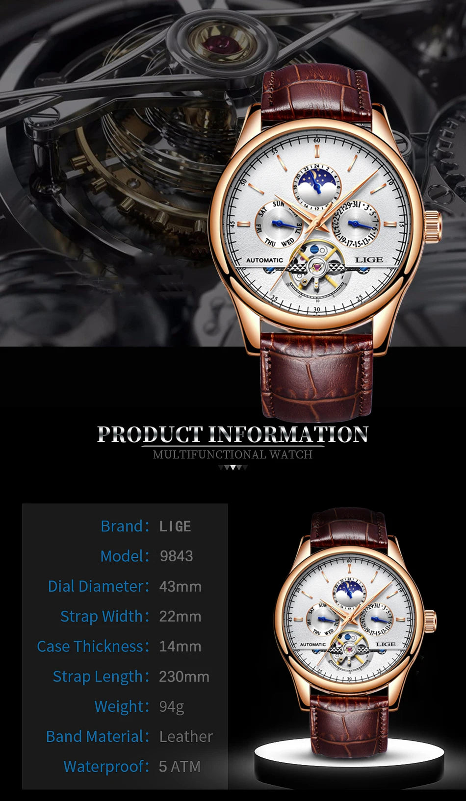 Relogio Masculino 50M Waterproof Mens Watches New LIGE Top Brand Luxury Automatic Mechanical Watch Man Leather Watch Week Clock