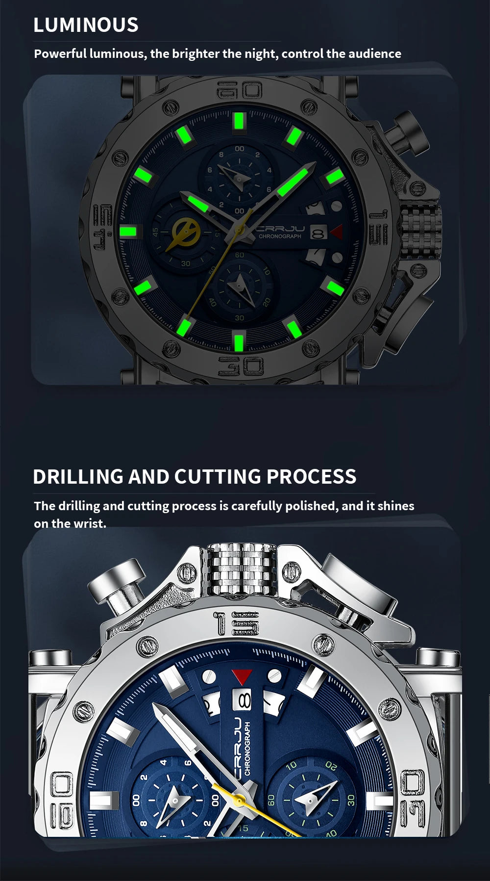 CRRJU Watch for Men Top Brand Luxury Big Dial Stainless Steel Waterproof Chronograph Wristwatches with Date Relogio Masculino