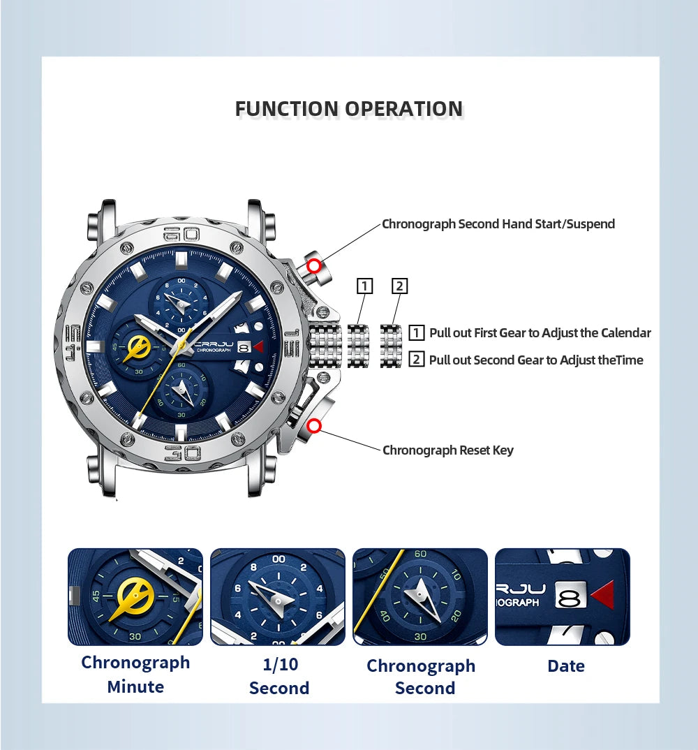 CRRJU Watch for Men Top Brand Luxury Big Dial Stainless Steel Waterproof Chronograph Wristwatches with Date Relogio Masculino