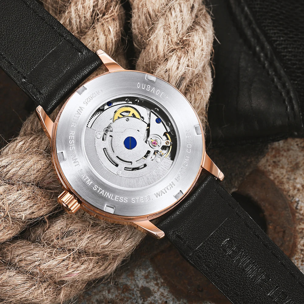 2025 OUBAOER Men Watch Automatic Mechanical Watches Bussiness Leather Strap Wristwatches Waterproof Classic Minimalist Clocks