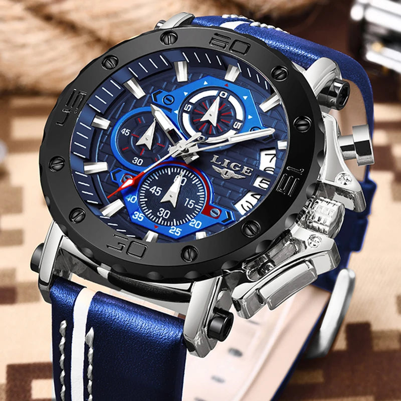 2025 LIGE New Mens Watches Top Brand Luxury Big Dial Military Quartz Watch Leather Waterproof Sport Wristwatch Relogio Masculino