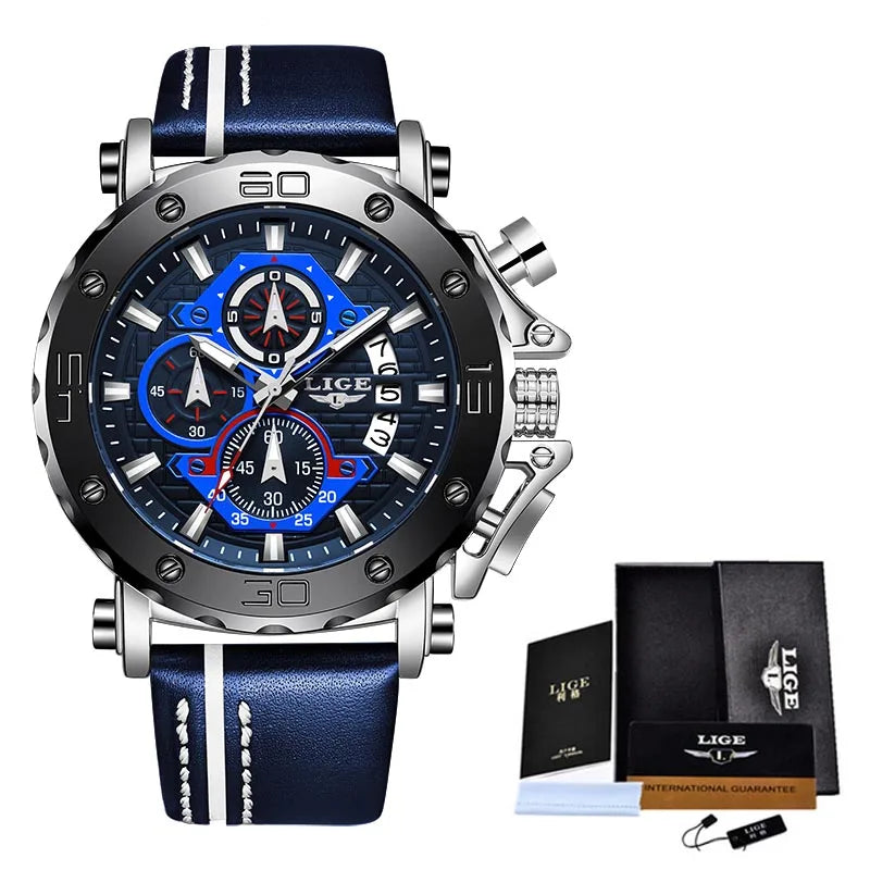 2025 LIGE New Mens Watches Top Brand Luxury Big Dial Military Quartz Watch Leather Waterproof Sport Wristwatch Relogio Masculino