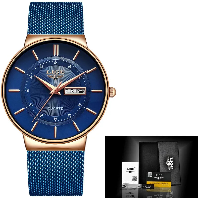 Relogio Masculino 2024 LIGE New Mens Watches Top Brand Luxury Ultra Thin Quartz Watch Men Steel Mesh Strap Waterproof Gold Watch