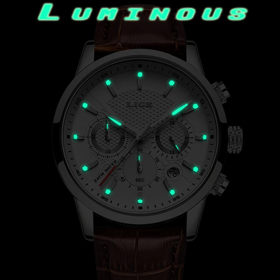 2023 New Mens Watches LIGE Top Brand Leather Chronograph Waterproof Sport Automatic Date Quartz Watch For Men Relogio Masculino