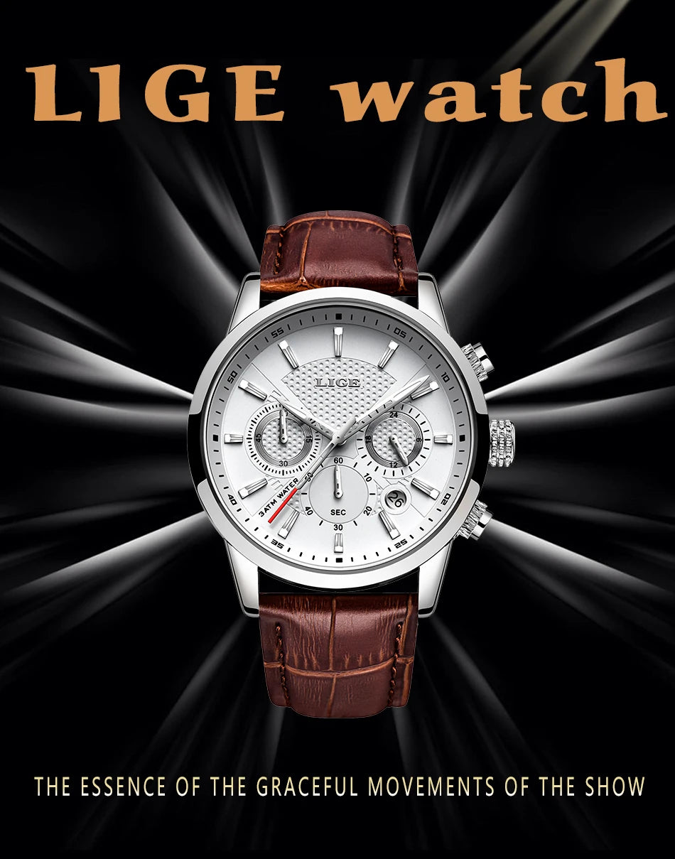2023 New Mens Watches LIGE Top Brand Leather Chronograph Waterproof Sport Automatic Date Quartz Watch For Men Relogio Masculino