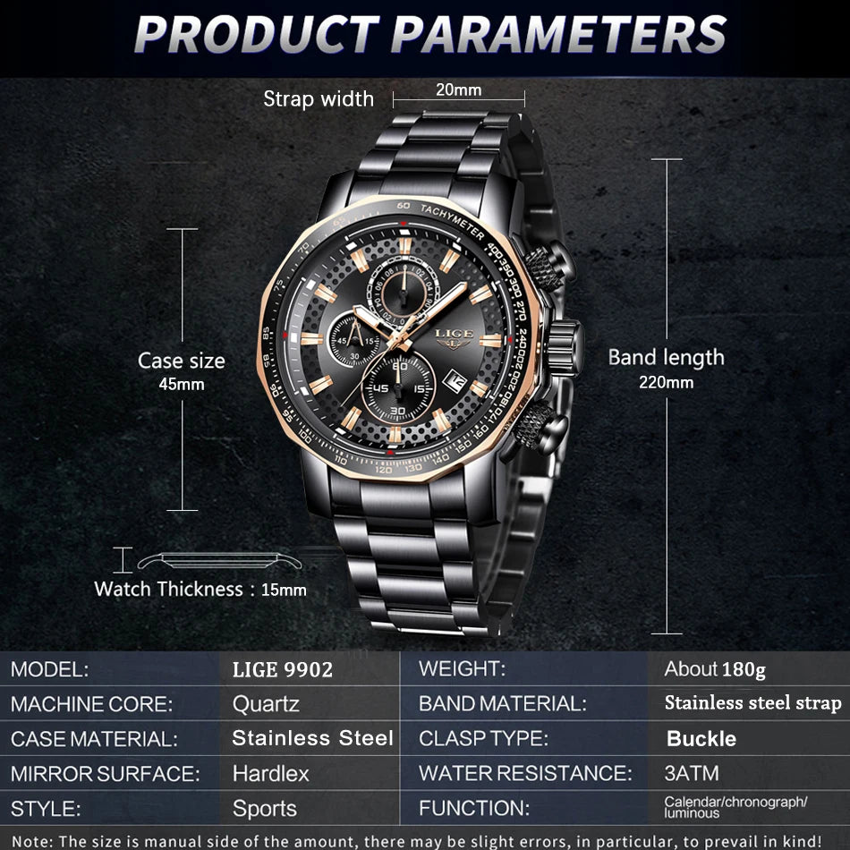 Relogio Masculino LIGE New Sport Chronograph Mens Watches Top Brand Luxury Full Steel Quartz Clock Waterproof Big Dial Watch Men