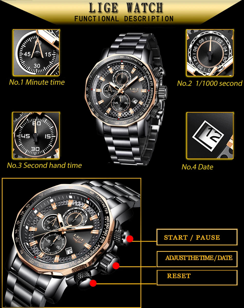 Relogio Masculino LIGE New Sport Chronograph Mens Watches Top Brand Luxury Full Steel Quartz Clock Waterproof Big Dial Watch Men