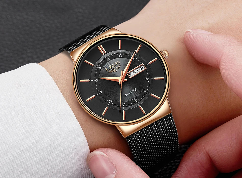 Relogio Masculino 2024 LIGE New Mens Watches Top Brand Luxury Ultra Thin Quartz Watch Men Steel Mesh Strap Waterproof Gold Watch
