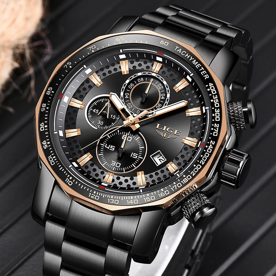 Relogio Masculino LIGE New Sport Chronograph Mens Watches Top Brand Luxury Full Steel Quartz Clock Waterproof Big Dial Watch Men