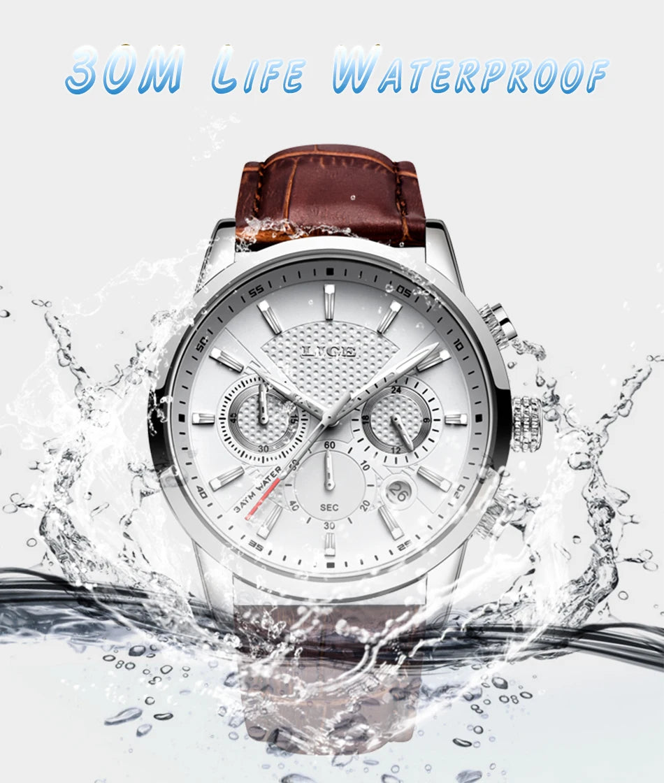 2023 New Mens Watches LIGE Top Brand Leather Chronograph Waterproof Sport Automatic Date Quartz Watch For Men Relogio Masculino